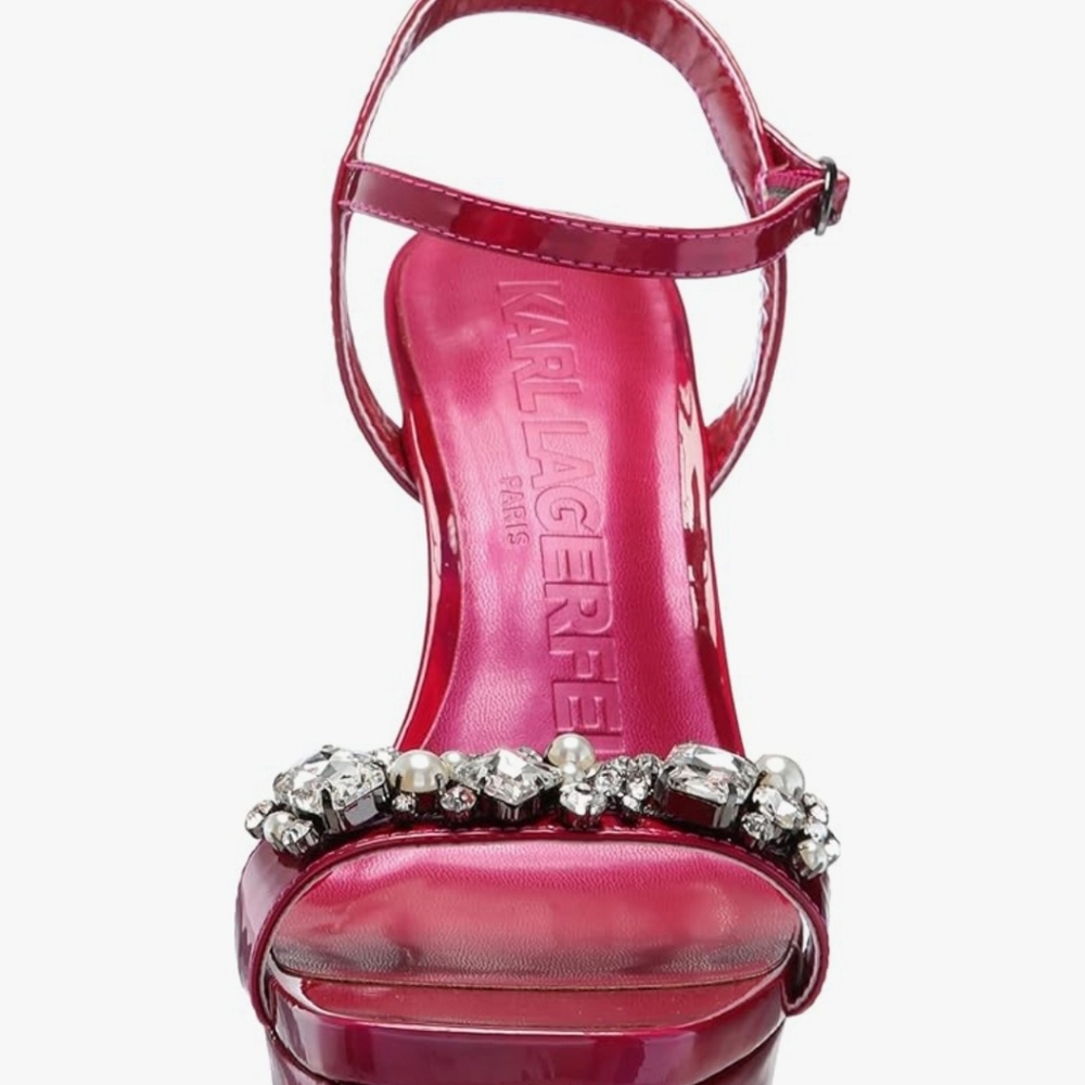 KARL LAGERFELD RHINESTONE EMBELLISHED HIGH HEEL PLATFORM FUSCIA RED SHOE JALA 10 - Picture 4 of 7